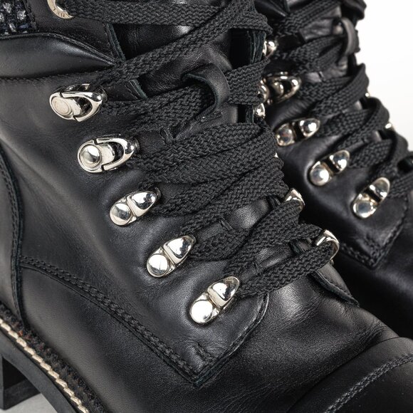 Chanel 15A Black Leather Tweed-Trim Lace-Up Short Boots, Size 6 - Picture 7 of 12